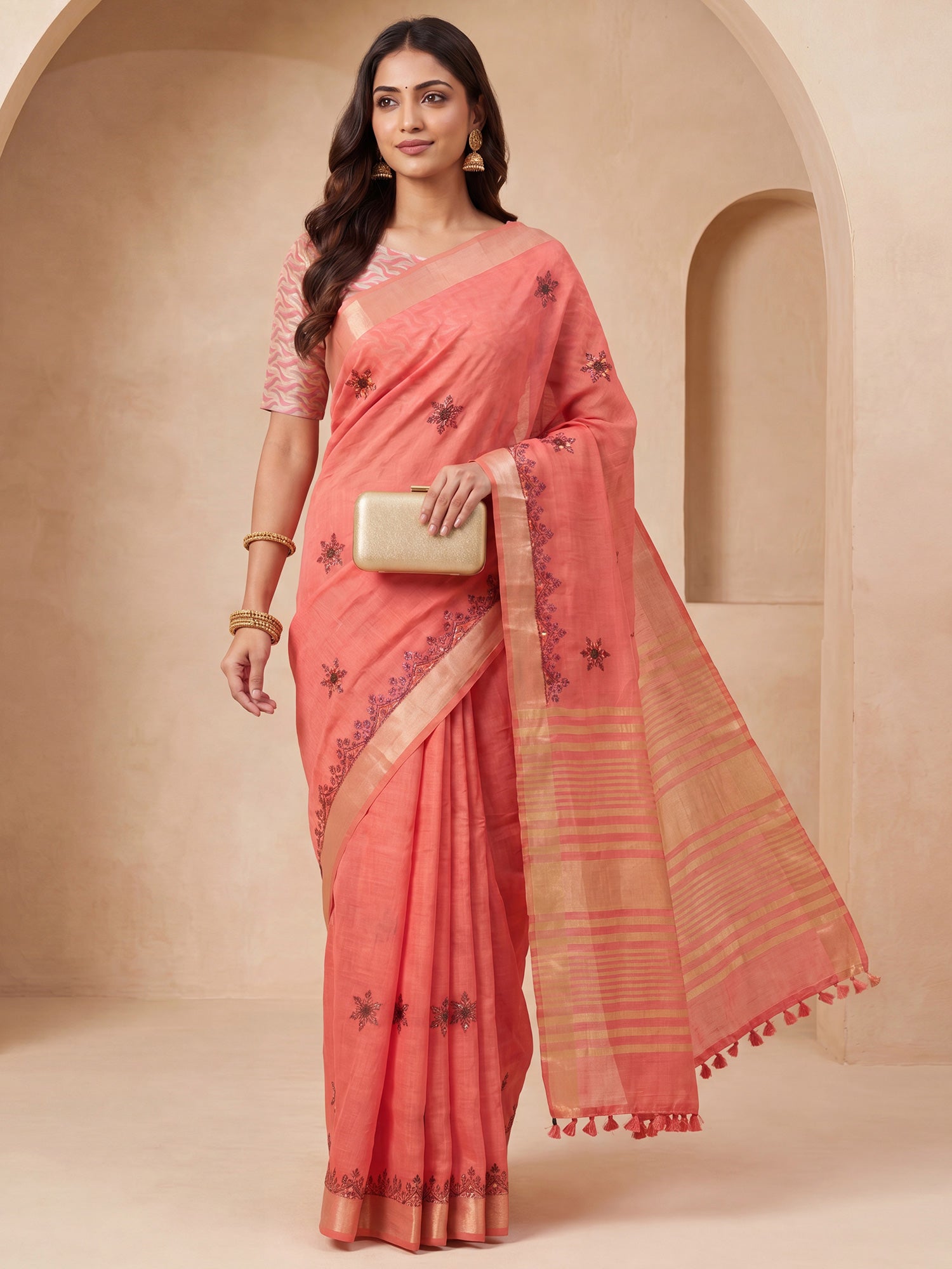 Peach Cotton Linen saree – detail view 2