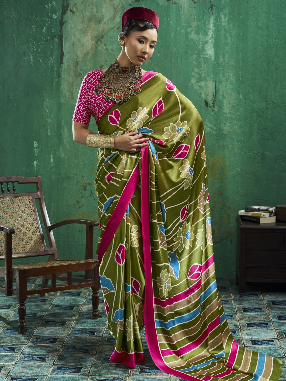 Light Green floral satin saree with pink blouse piece
