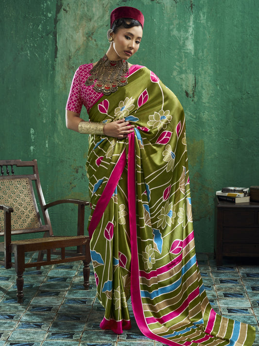 Light Green floral satin saree with pink blouse piece