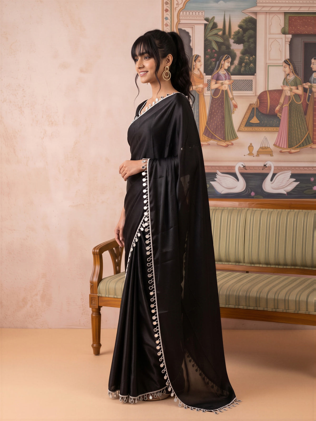 Black Satin saree – detail view 1