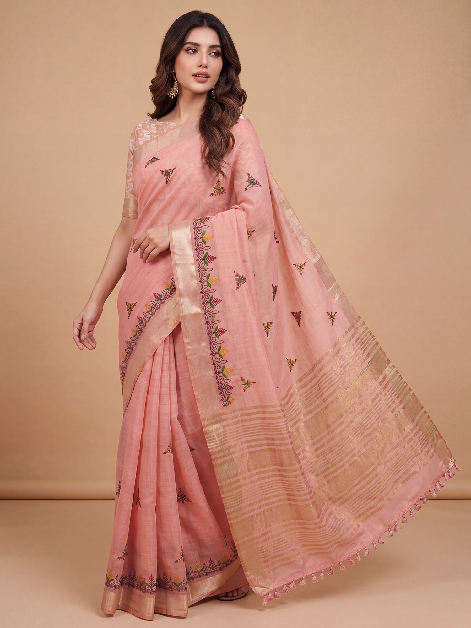 Pink Cotton Linen saree – detail view 2