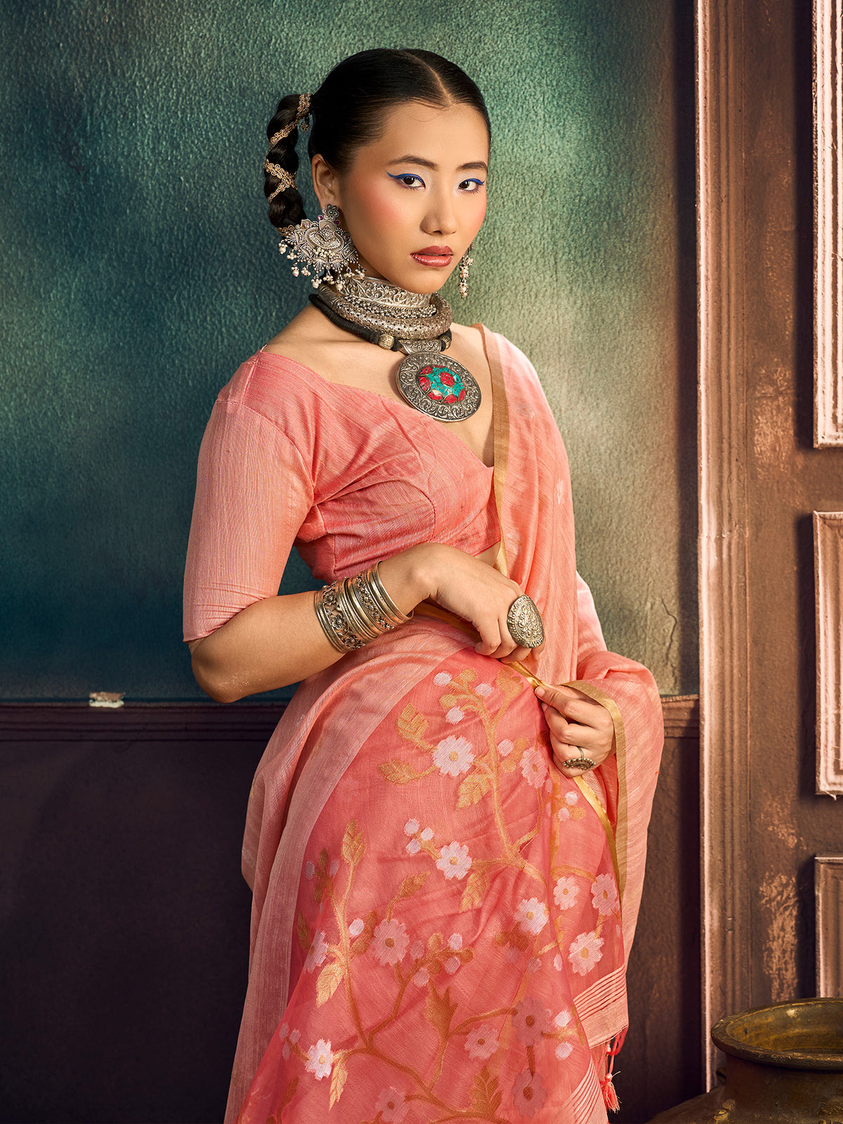 Peach Muga Cotton saree – detail view 3