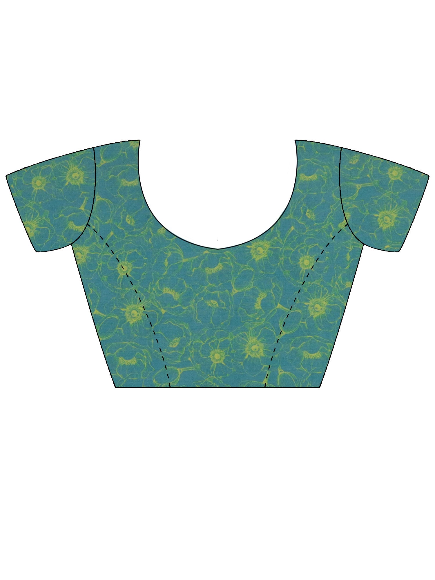 Unstitched teal green cotton linen blouse piece with floral design