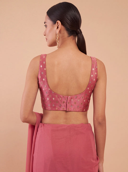 Peach zari woven georgette sleeveless readymade saree blouse with round neck view 1