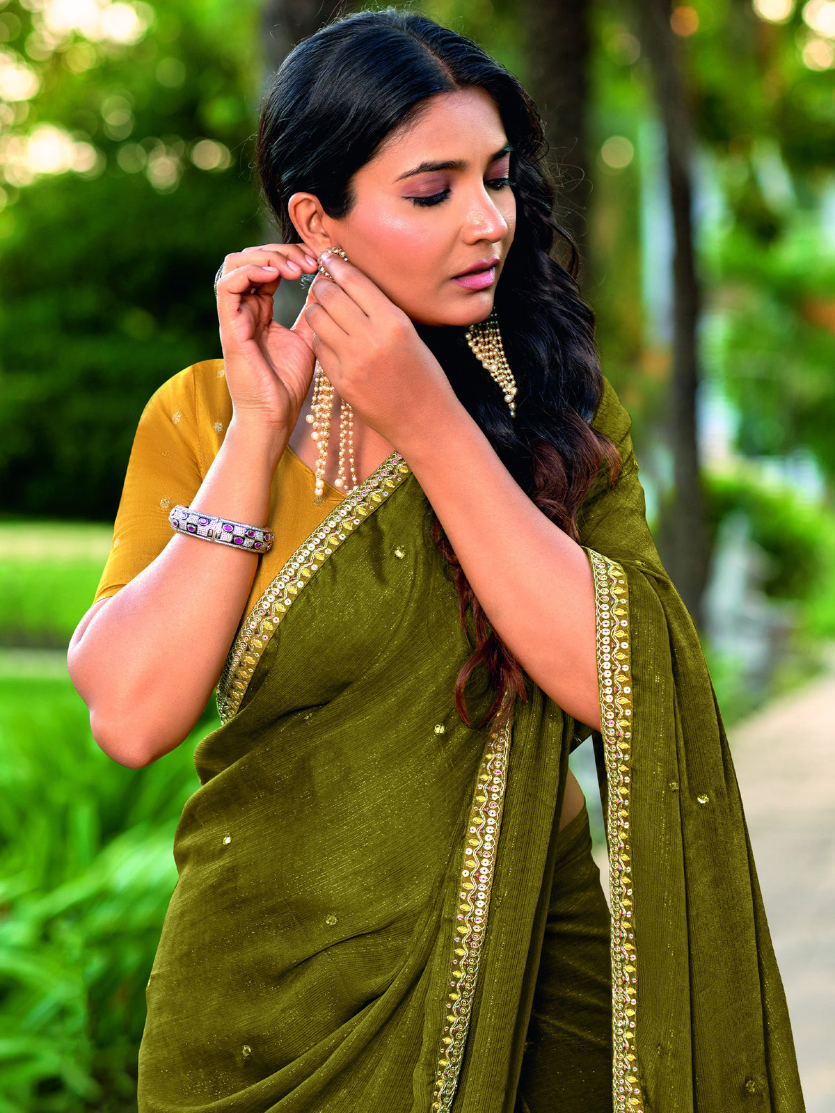 Olive chiffon saree view 1