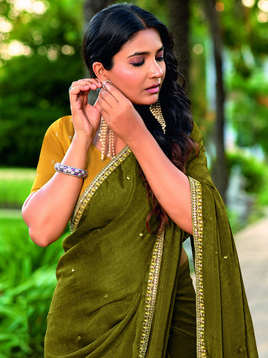 Olive chiffon saree view 1