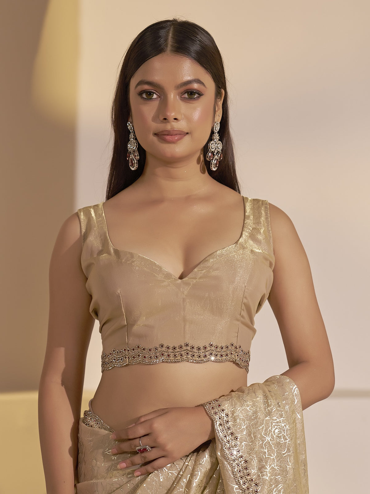 Beige satin silk saree view 3