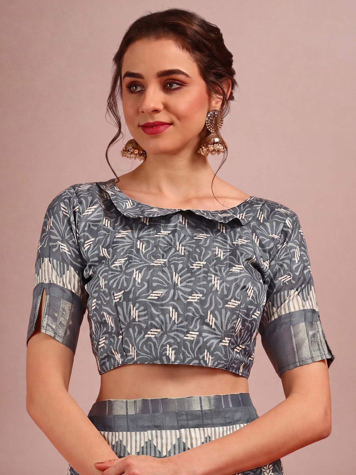 Unstitched grey cotton silk blouse piece with ethnic motif design