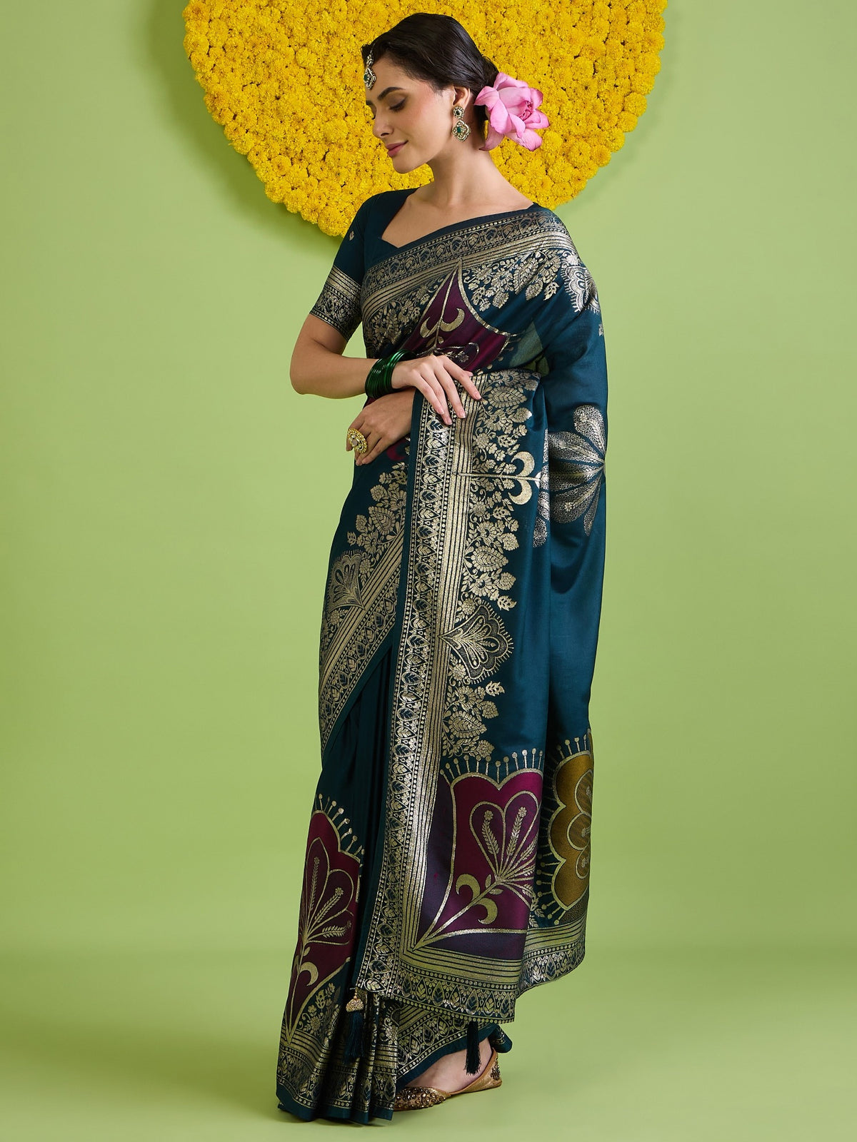Teal Blue Silk Blend saree – detail view 3