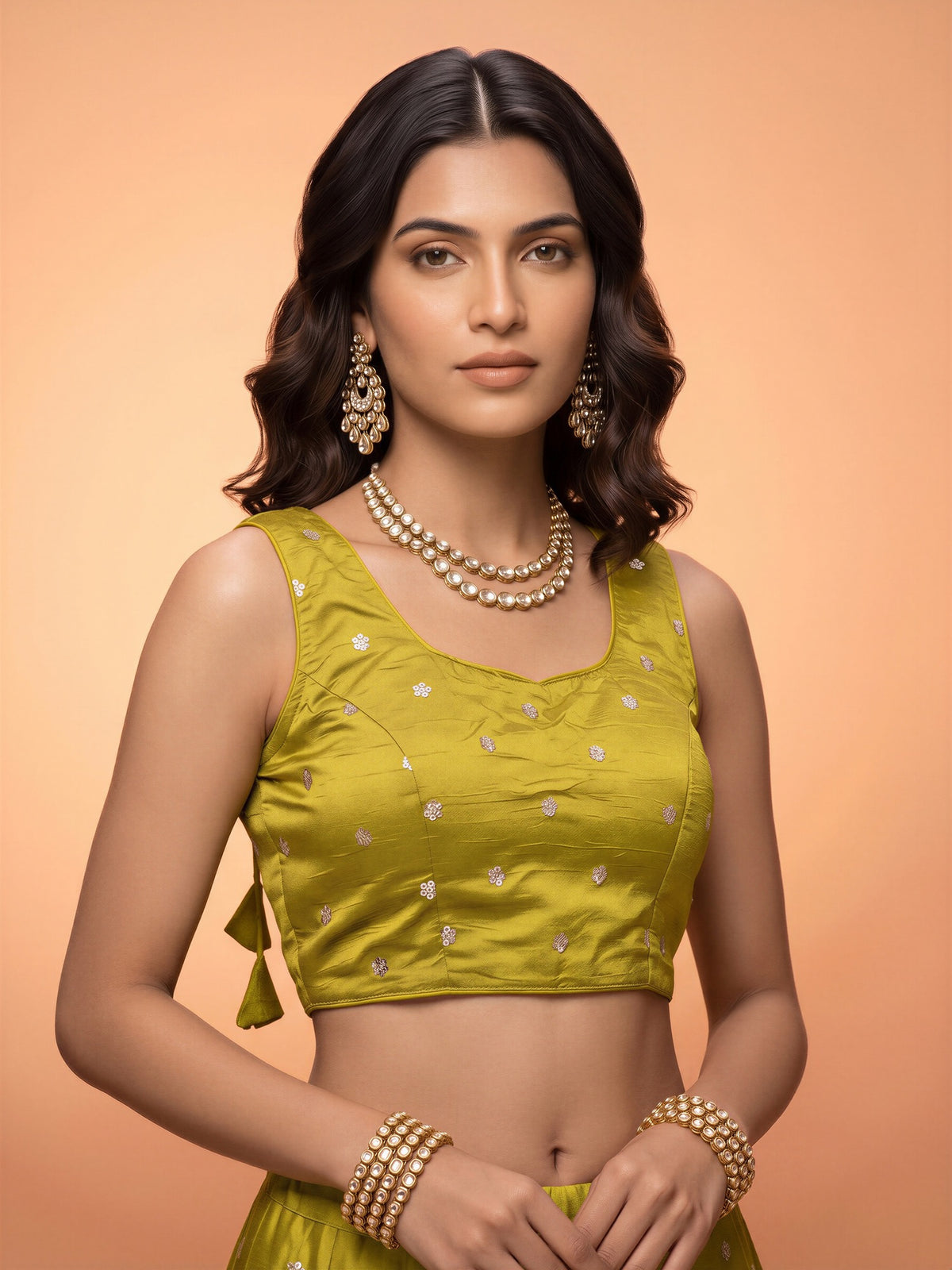 Lime Green sequin embellished chinnon sleeveless readymade saree blouse with round neck view 3