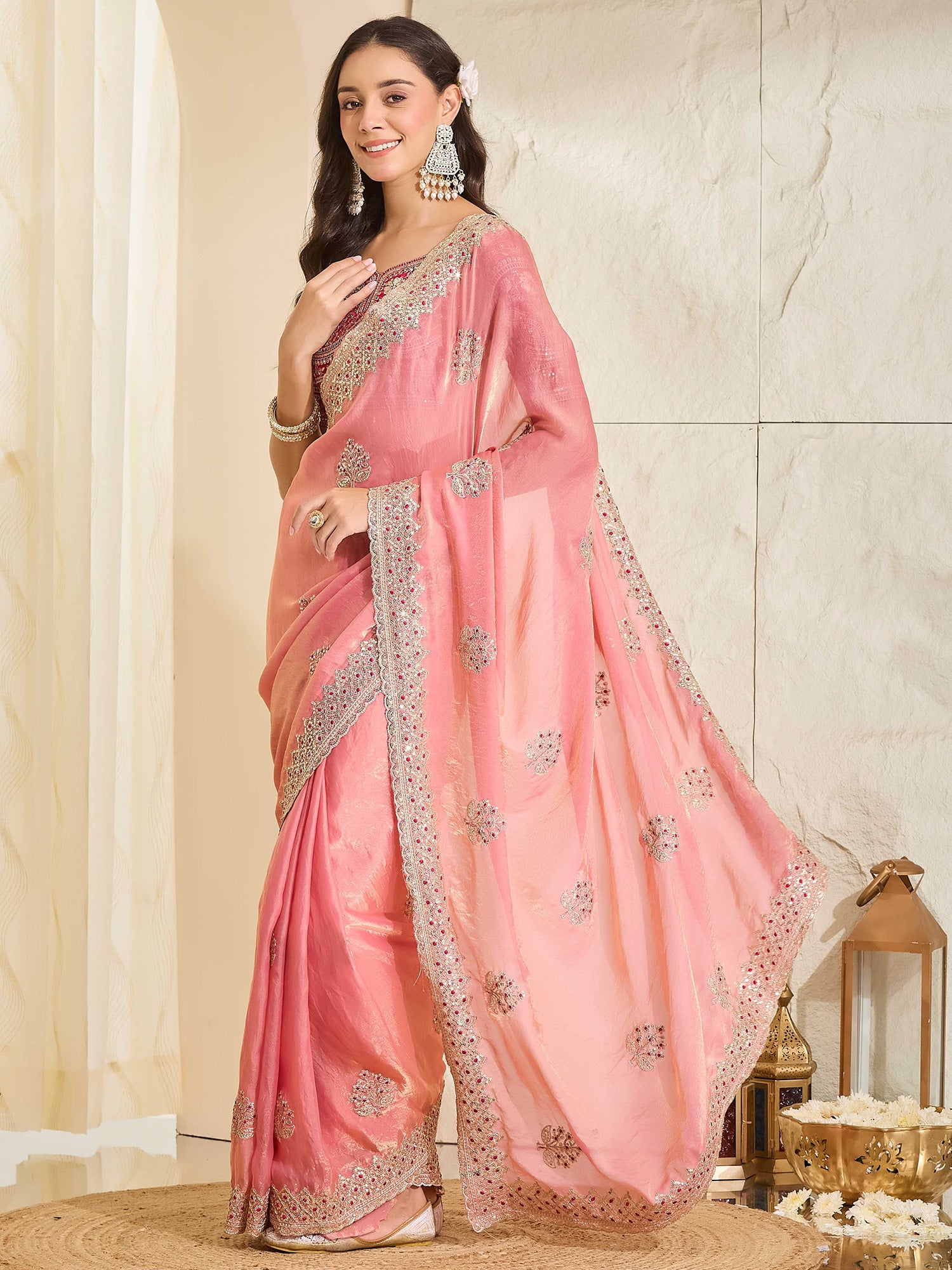 Peach Satin saree – detail view 2