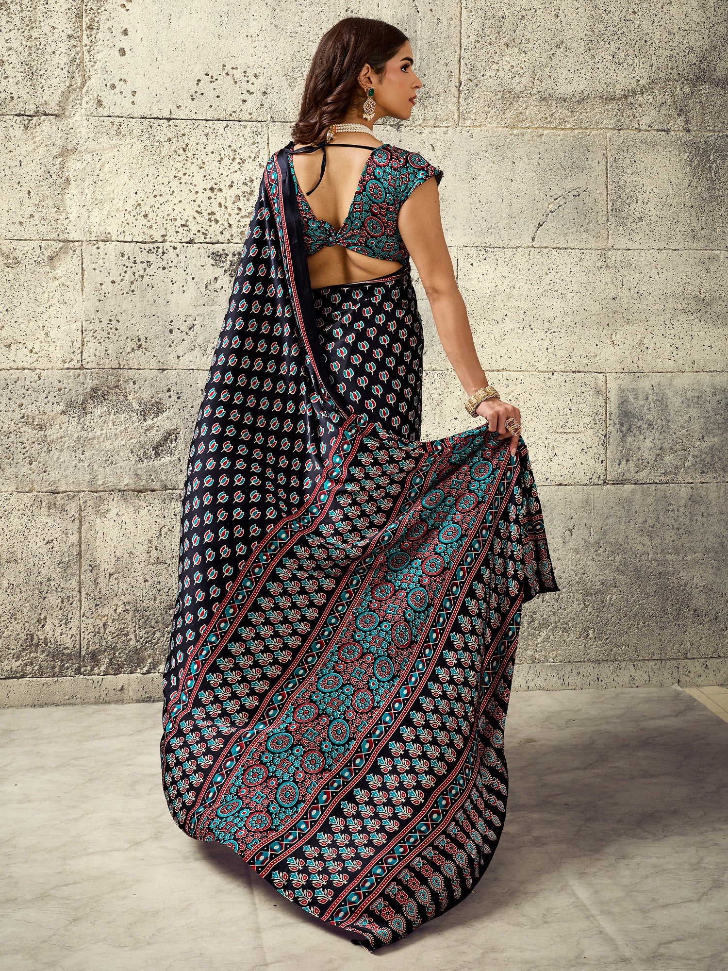 Black Satin saree – detail view 1