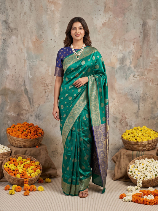 Woman wearing teal green silk blend saree with zari butta (metallic motif) work and navy blue blouse