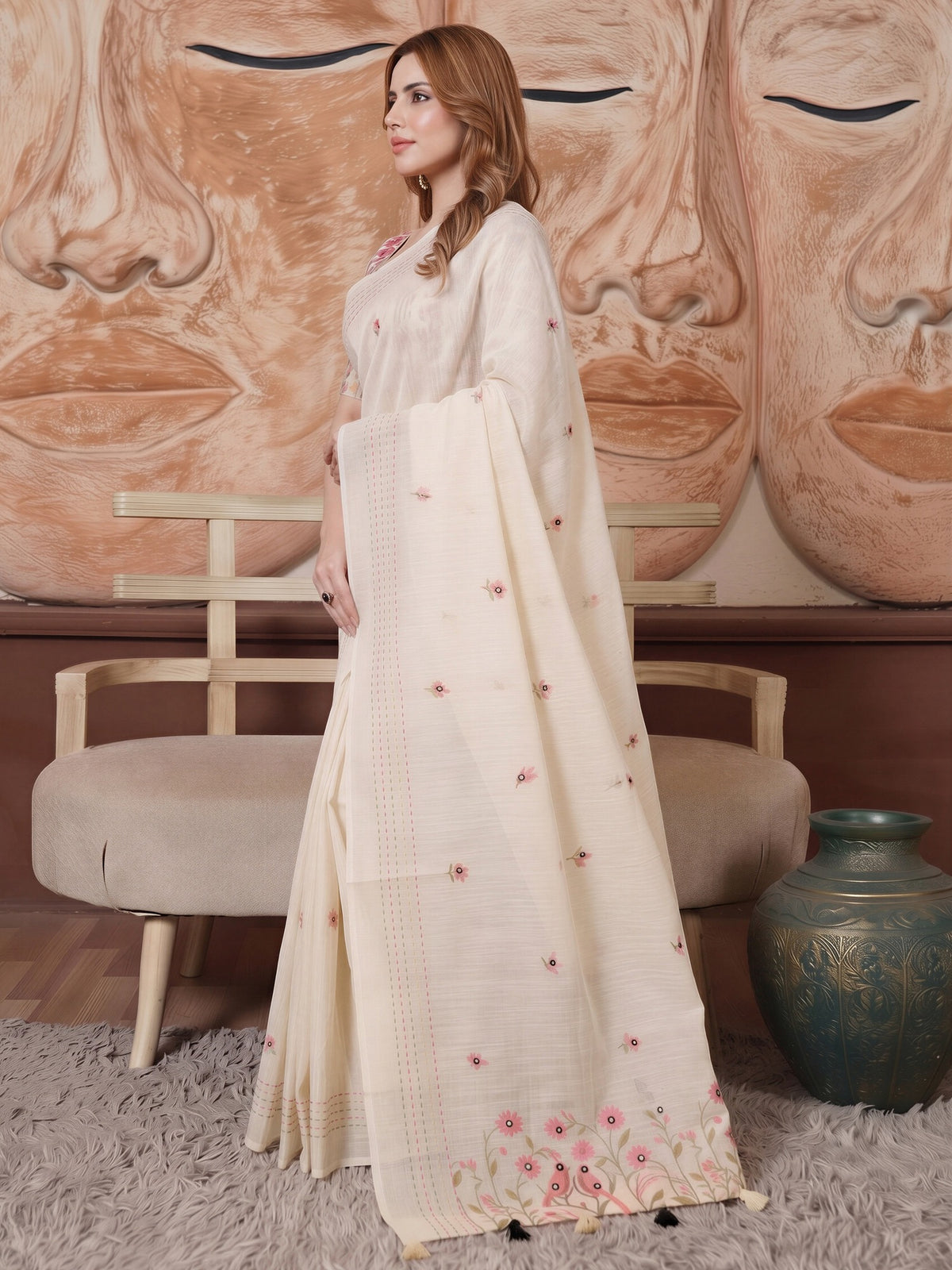 Cream linen saree view 2
