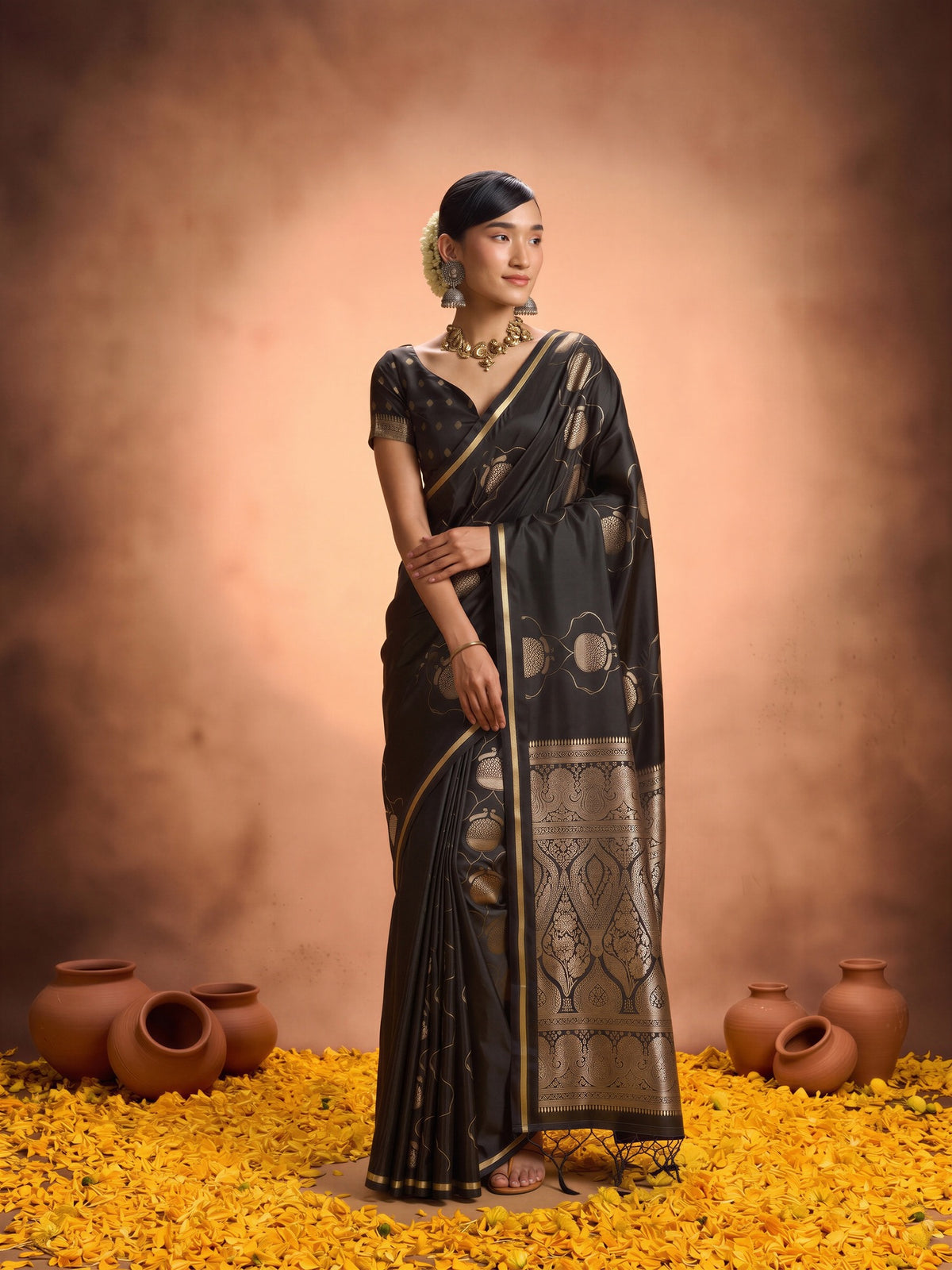 Black Satin saree – detail view 3