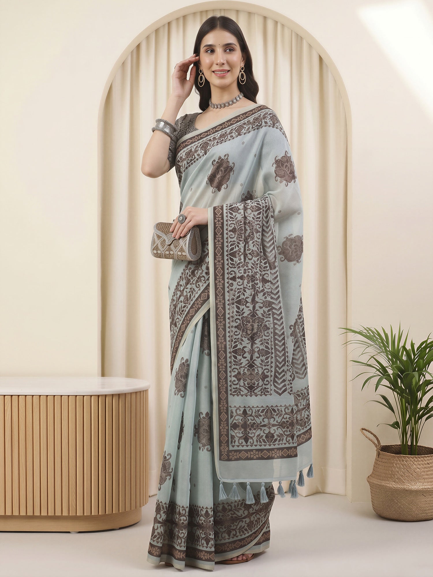Light Blue Cotton Linen saree – detail view 3