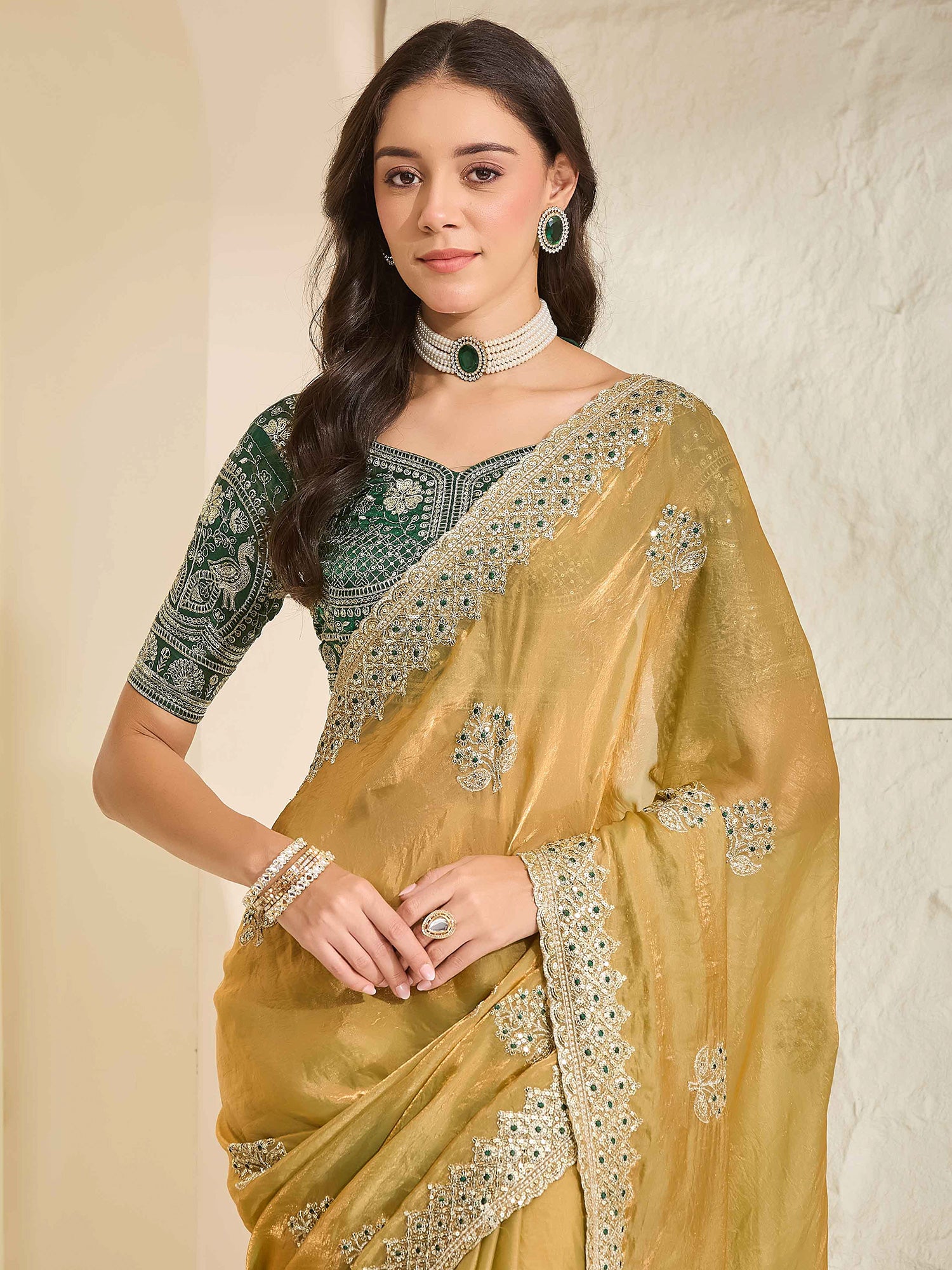 Mustard Satin saree – detail view 4