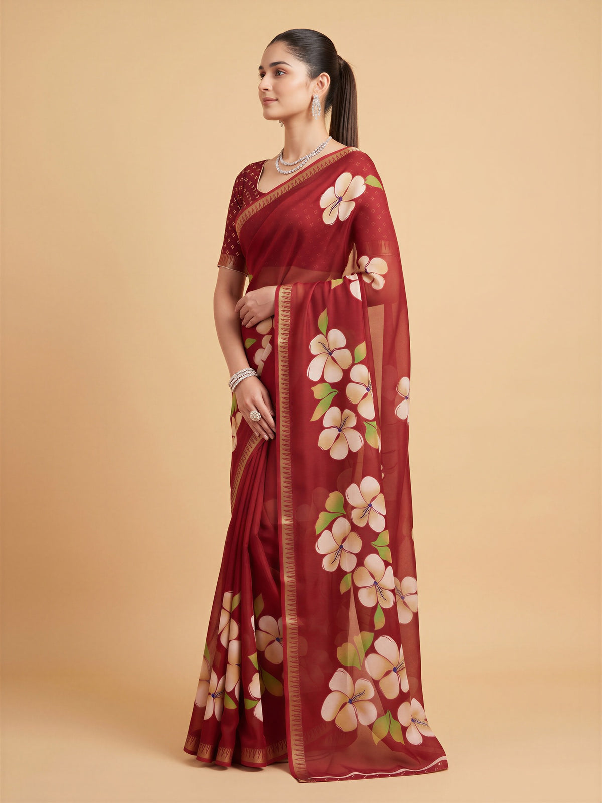 Maroon Georgette saree – detail view 2