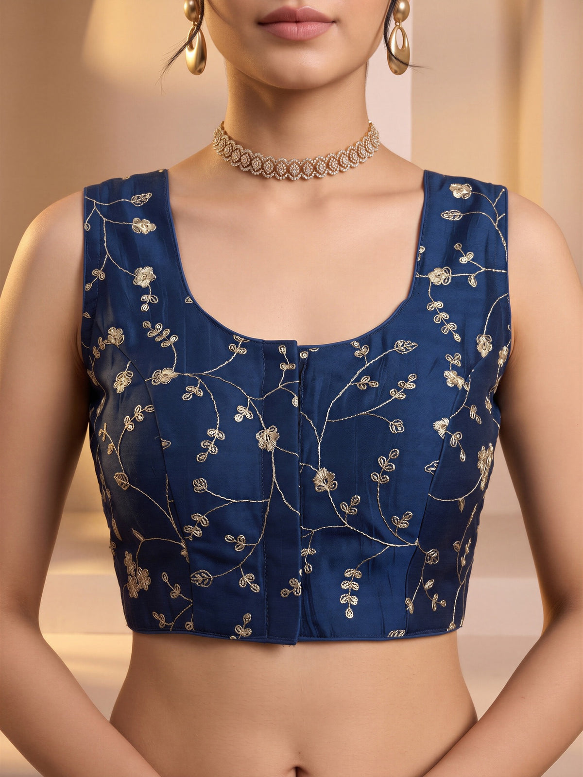Teal Blue sequin embroidered vichitra silk sleeveless readymade saree blouse with round neck view 4