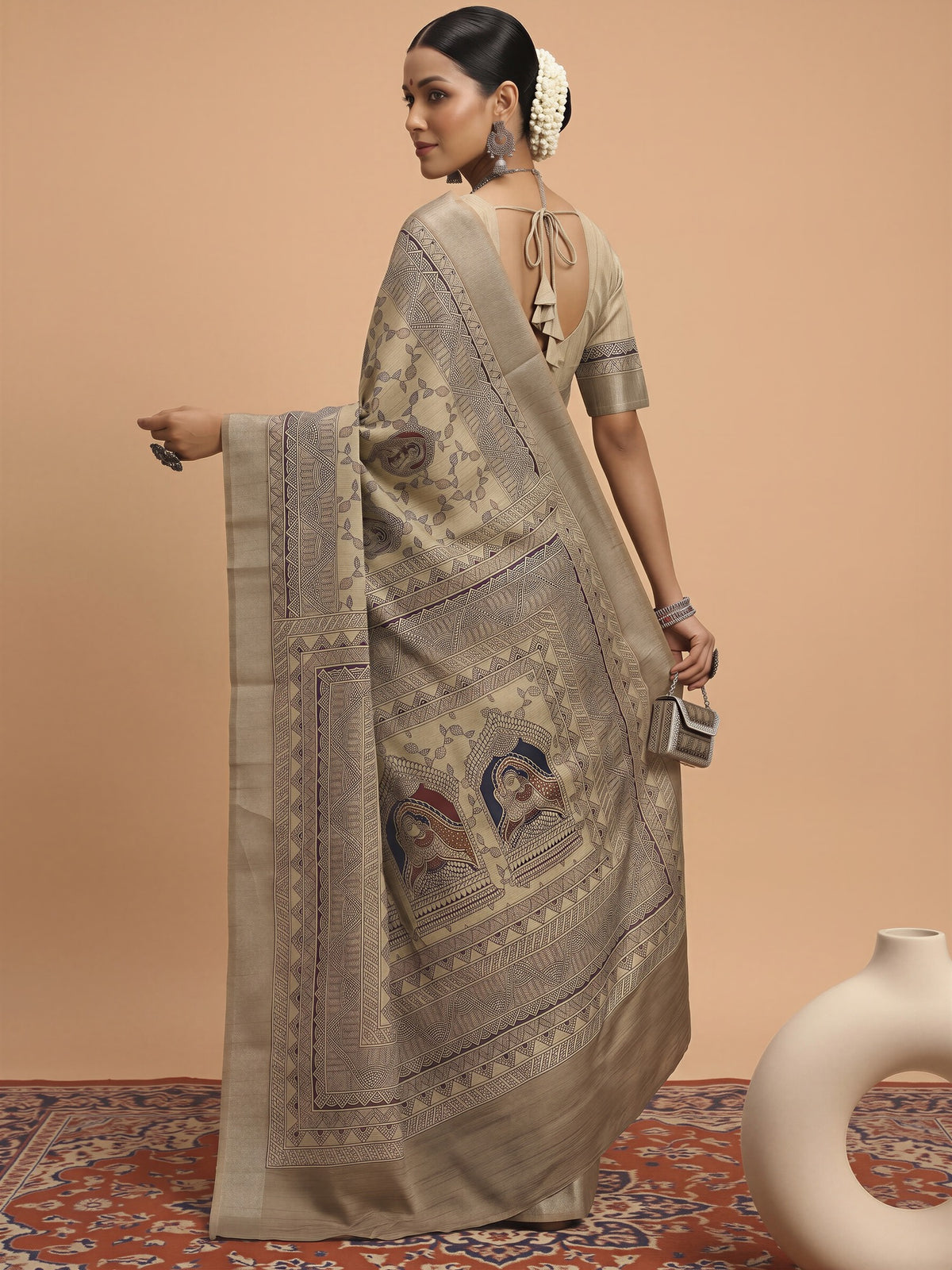 Cream Satin Silk saree – detail view 1