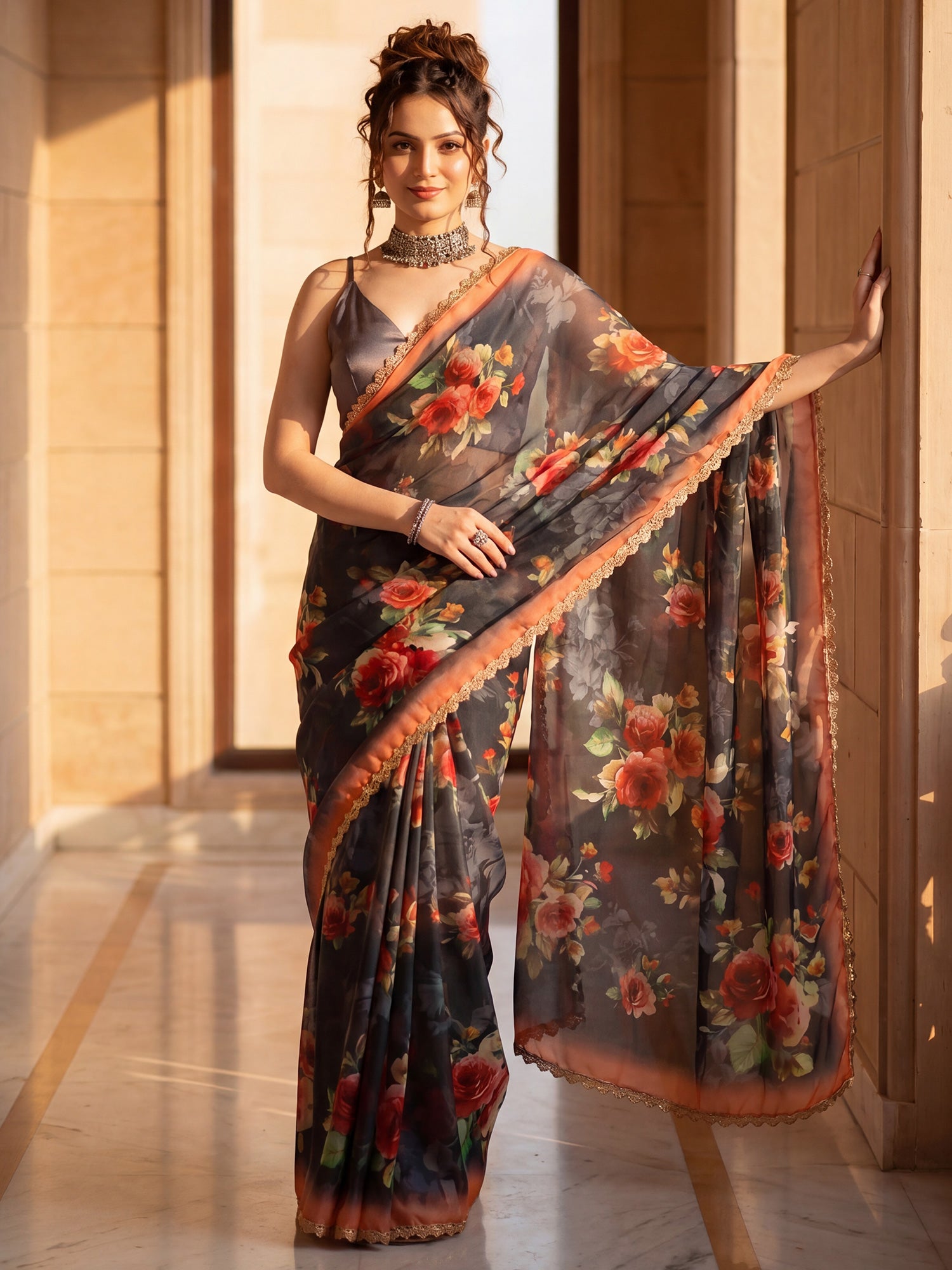 Charcoal Grey Organza saree – detail view 2