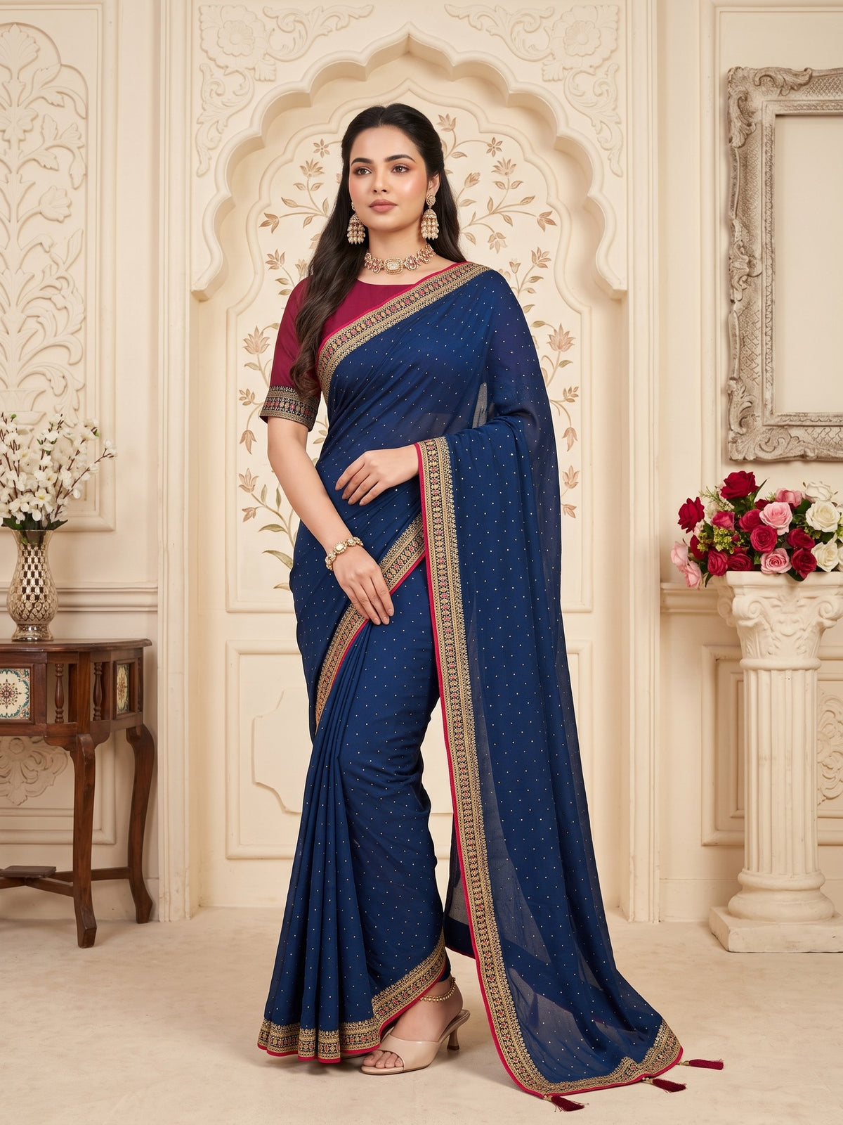 Woman wearing teal blue vichitra silk saree with ornamented surface design and pink blouse