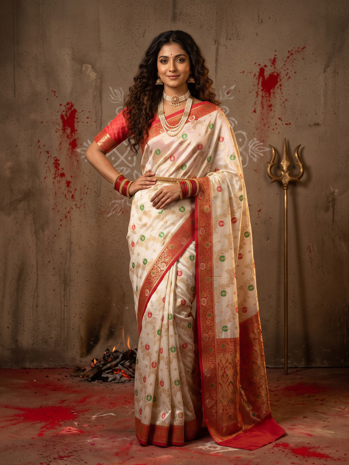 Woman wearing white banarasi silk saree with zari butta (metallic motif) work and red blouse