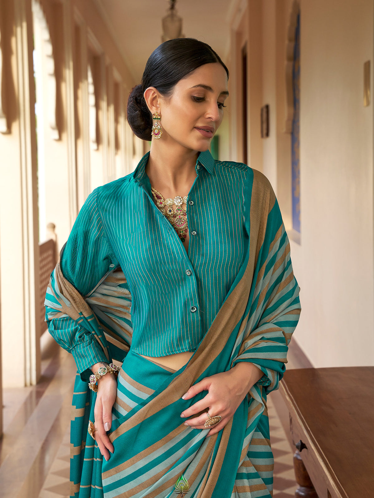 Teal Green crepe saree view 1