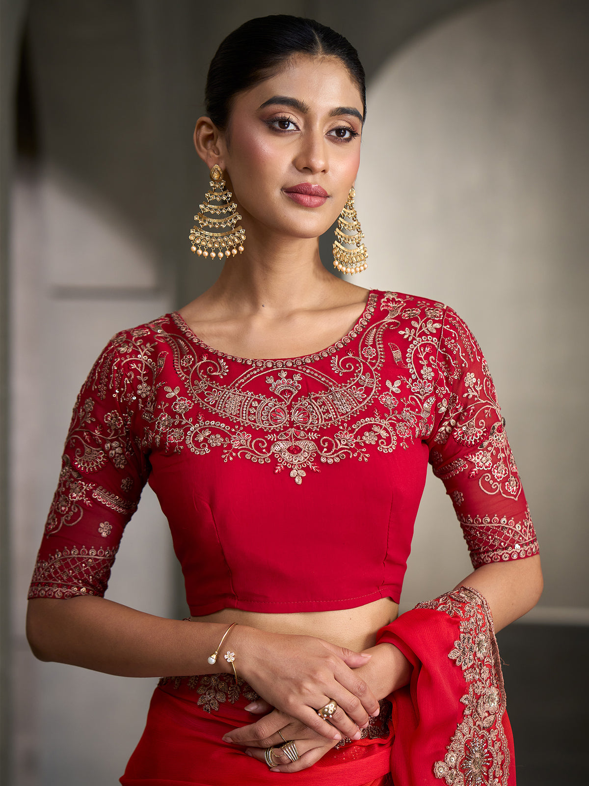Unstitched red georgette blouse piece with embellished design