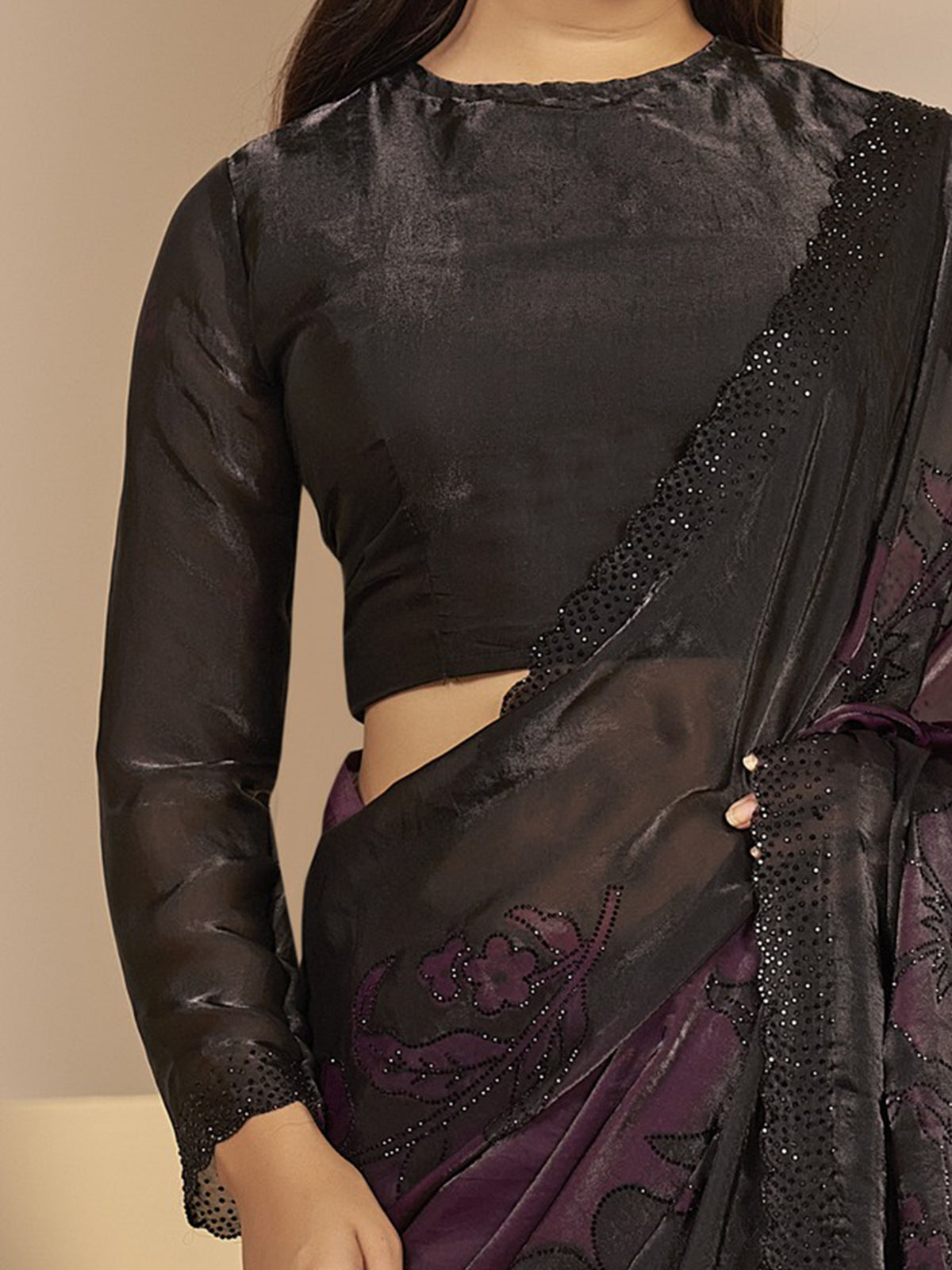 Unstitched black satin silk blouse piece with embellished design