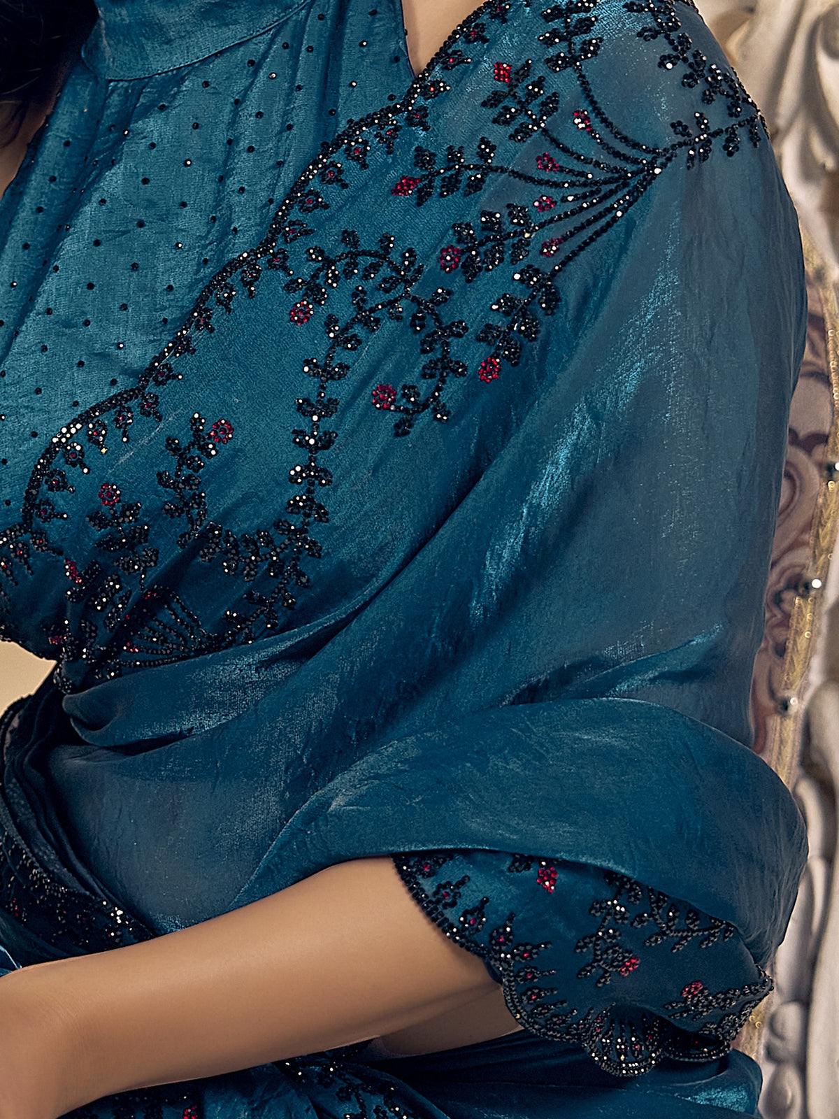 Teal Blue satin silk saree view 6