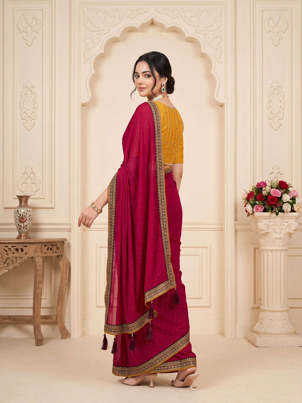 Pink Vichitra Silk saree – detail view 3