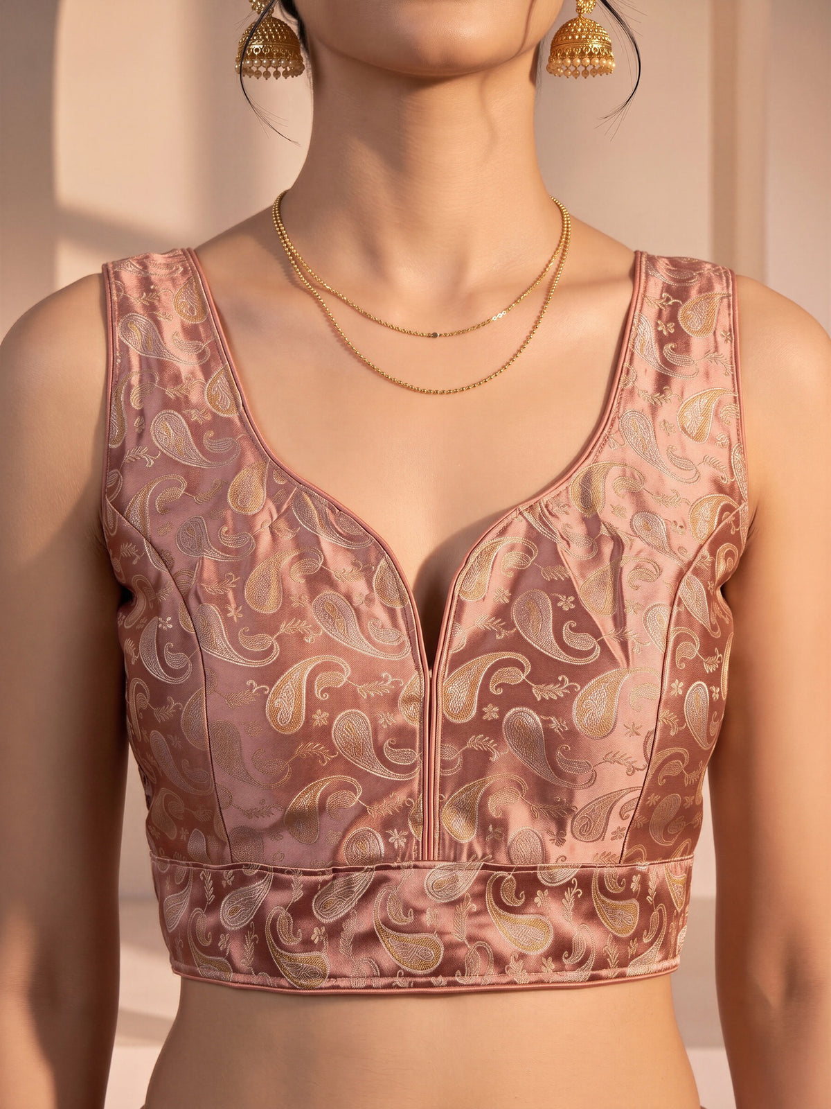 Peach woven brocade silk blend sleeveless readymade saree blouse with v neck view 3
