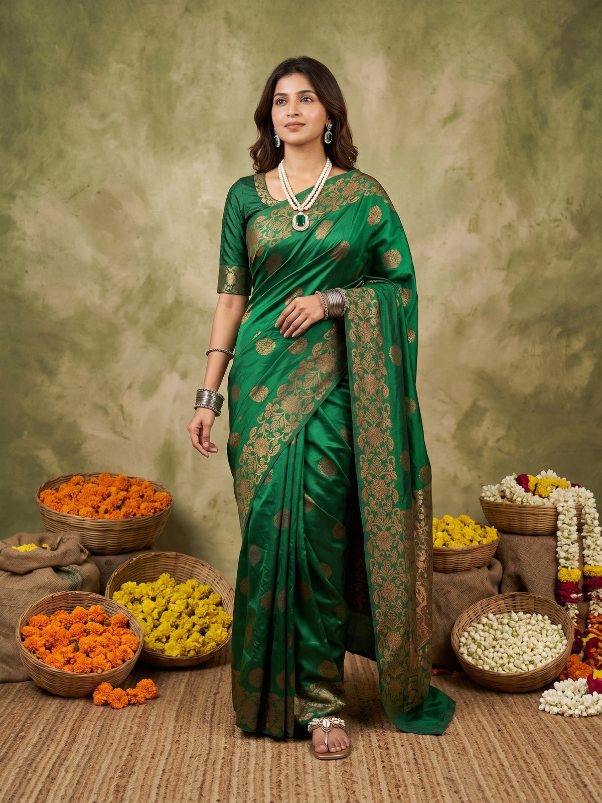 Woman wearing green silk blend saree with zari butta (metallic motif) work and green blouse