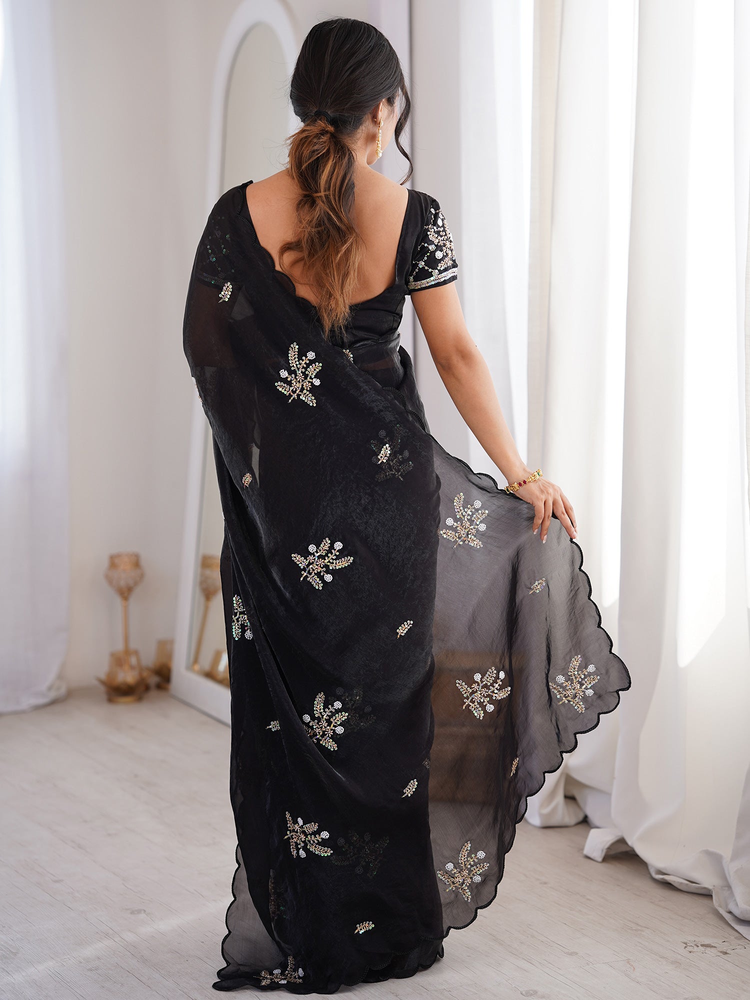Black Satin saree – detail view 1