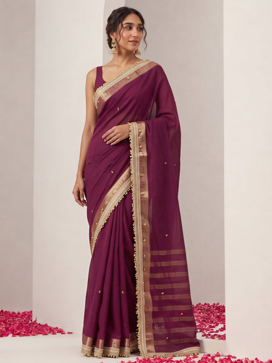 Wine woven design soft silk saree with wine blouse piece