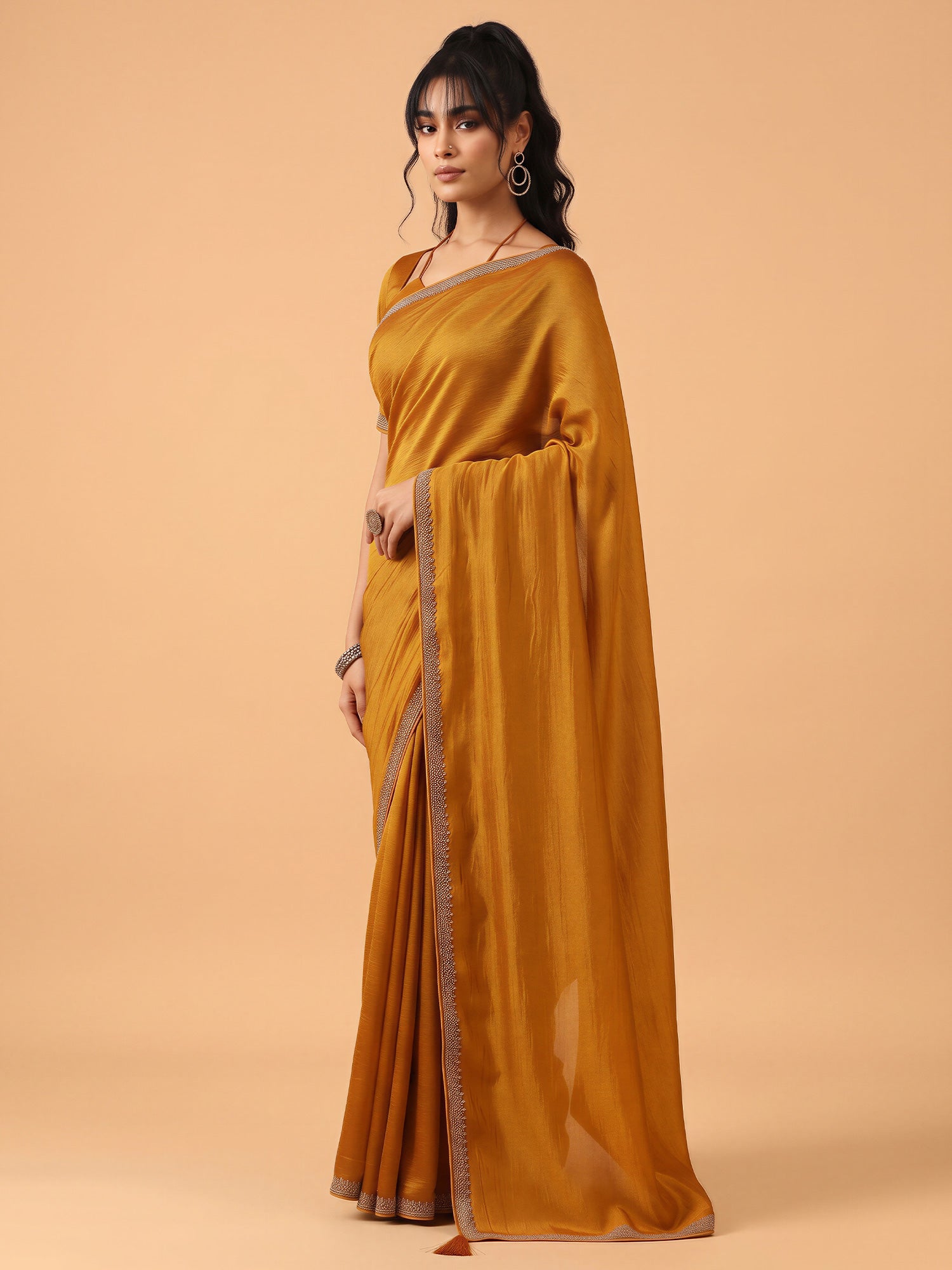 Mustard Satin Silk saree – detail view 2