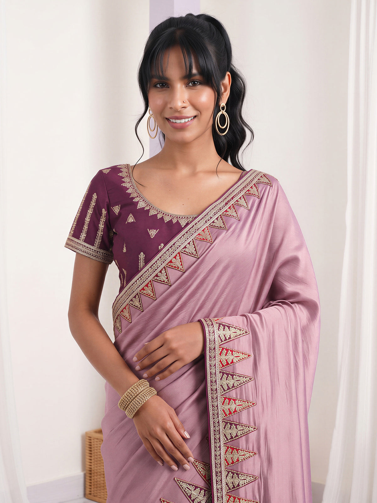 Lavender Vichitra Silk saree – detail view 4