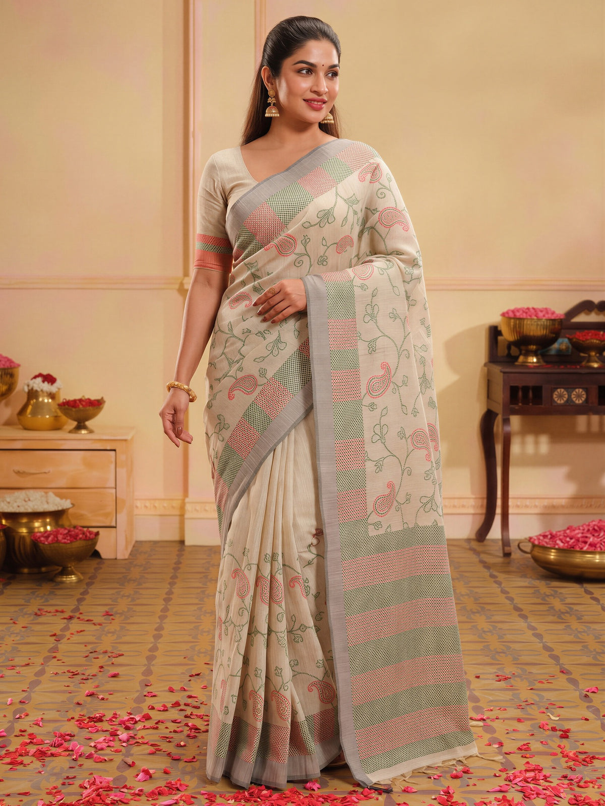 Beige woven design silk blend saree with beige blouse piece