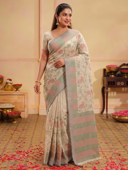 Beige woven design silk blend saree with beige blouse piece