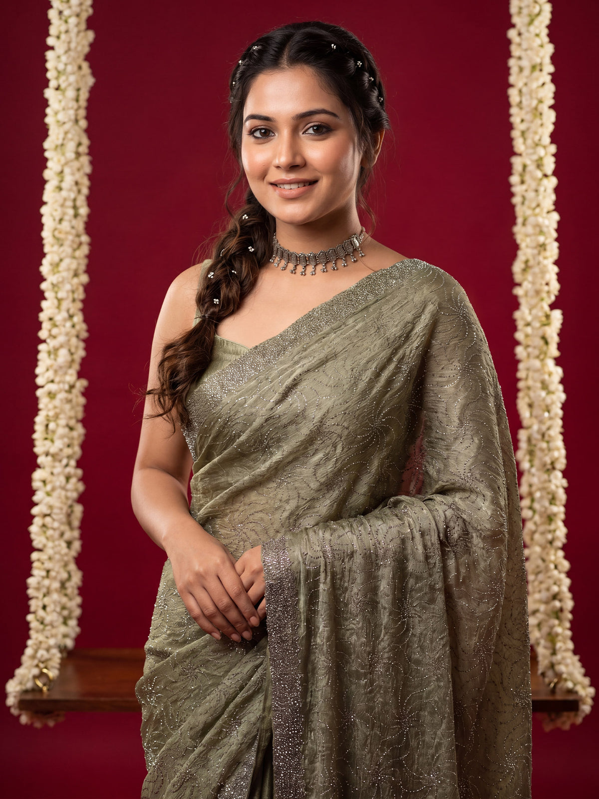 Olive Tissue saree – detail view 4