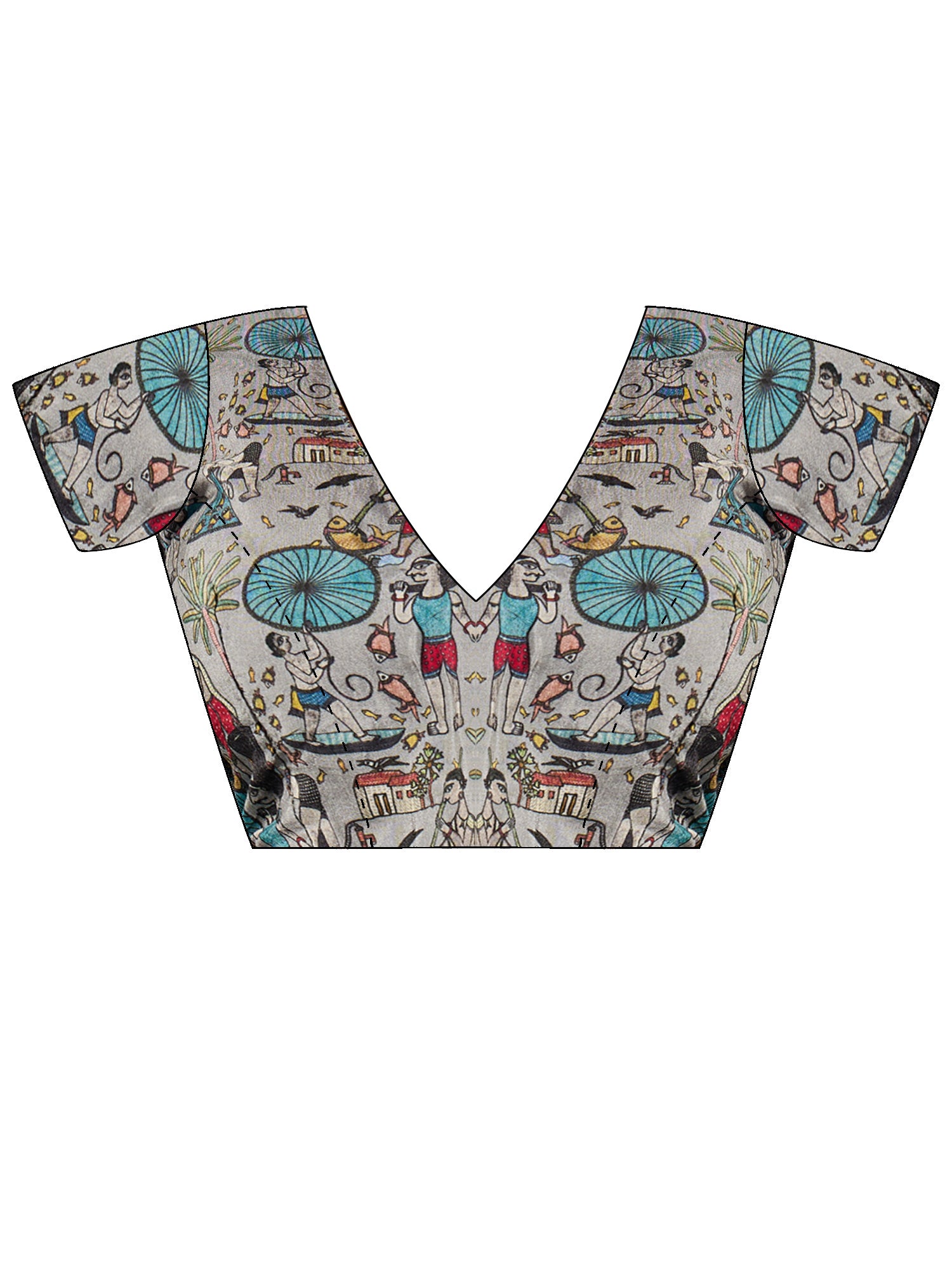 Unstitched grey viscose silk blouse piece with warli design