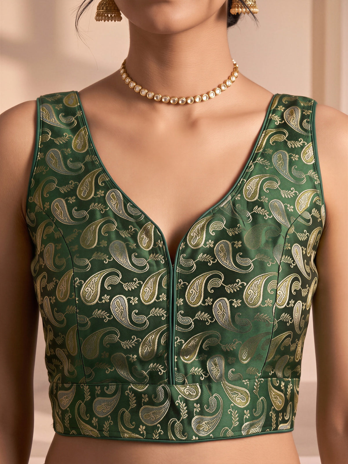 Green woven brocade silk blend sleeveless readymade saree blouse with v neck view 4