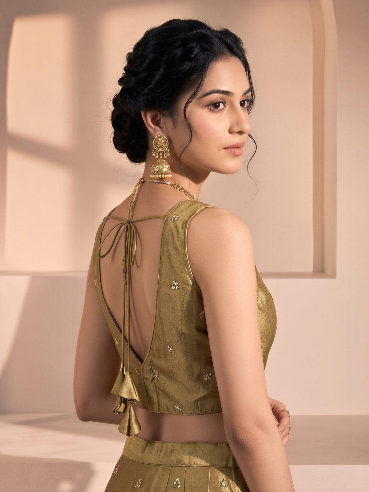 Cream sequin embellished vichitra silk sleeveless readymade saree blouse with v neck view 1
