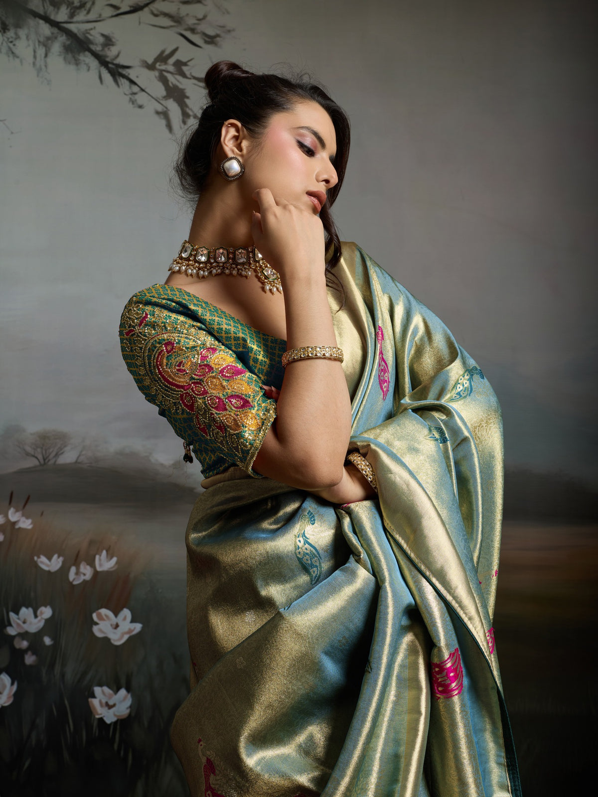 Teal Green Banarasi Silk saree – detail view 1
