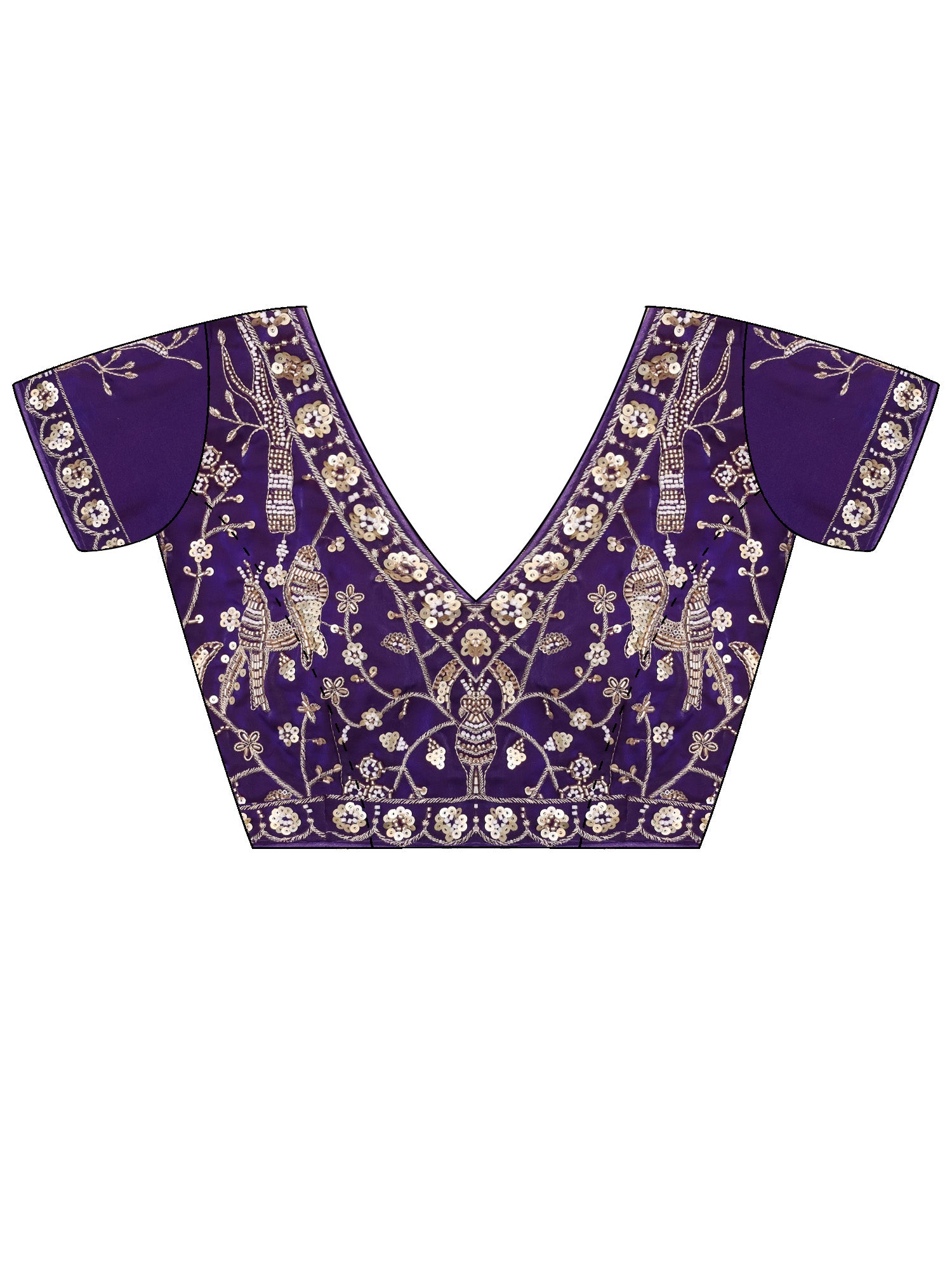 Unstitched purple satin blouse piece with embellished design