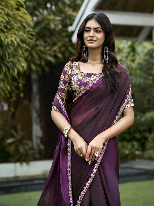 Wine chiffon saree view 1