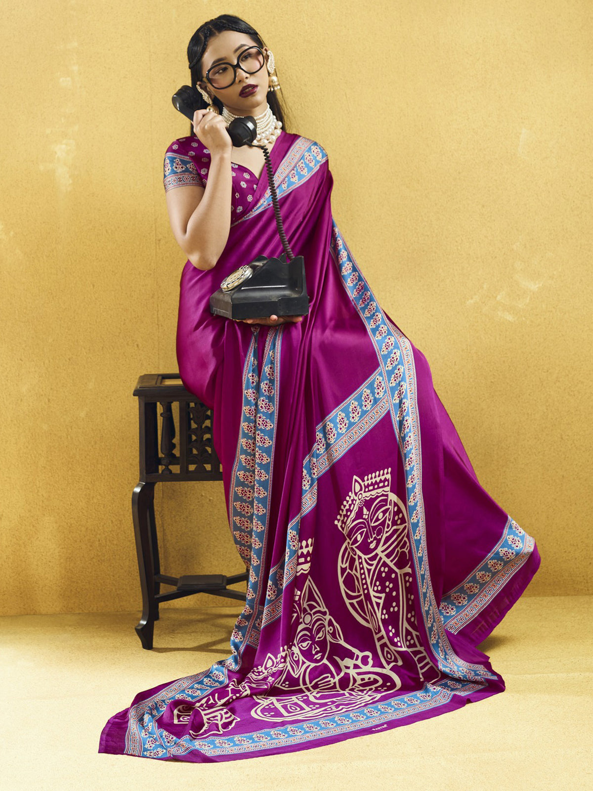 Magenta satin saree view 4