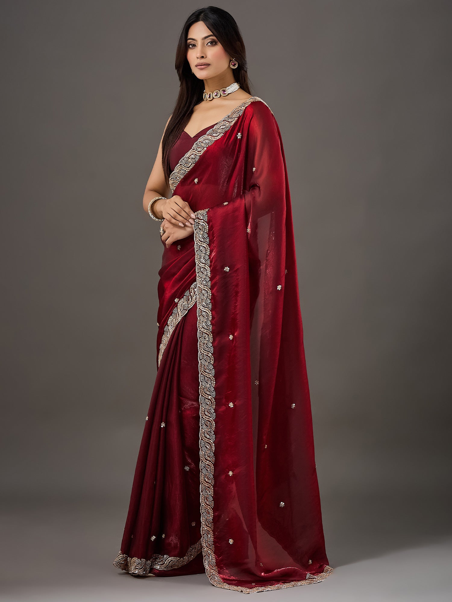 Maroon Satin saree – detail view 1