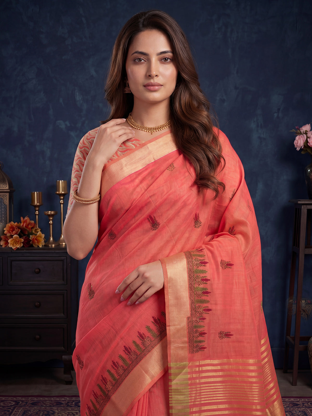 Peach Cotton Linen saree – detail view 4
